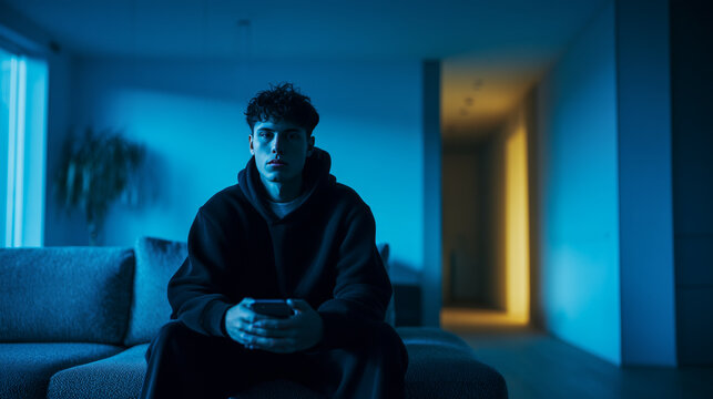 Sad young man sitting alone in a dark blue room looking down in depression