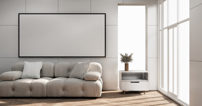 Screen mock up White granite tiles living room have cabinet minimalist and decoraion. 3d rendering