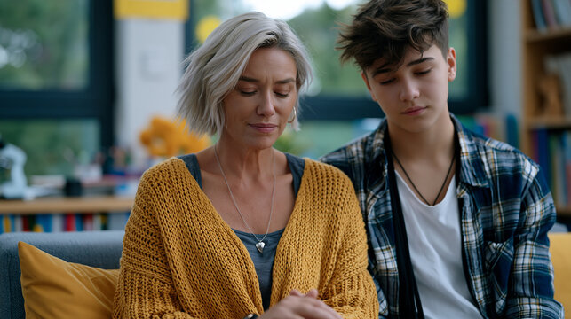 School counselor sitting with a tearful adolescent doing amygdala fear response desensitization breathing exercise in a calm school wellness office, back-to-school anxiety support concept for educat