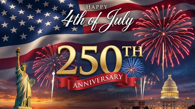 Happy 4th of July greeting with lettering for America's 250st Independence Day in 2026