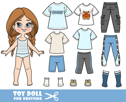 Cartoon girl and clothes separately -  costume designer with jeans and shirts with new prints of a capybara, kitten and jellyfish
