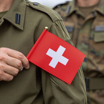 Synthwave Collage National. Military Uniform Displaying The Swiss Flag On A Soldier'S Arm