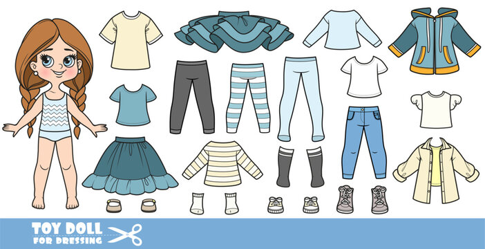 Cartoon long hair braided girl and clothes separately -  tutu, skirt, leggings, tights, jeans, a mid-season jacket, and boots
