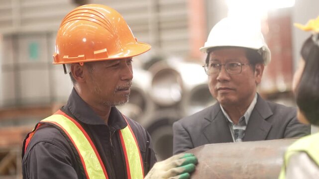 Close-up shot of an executive with a white safety helmet and a veteran technician inspecting steel components and machinery equipment. Demonstrating quality assurance, industrial maintenance, teamwork