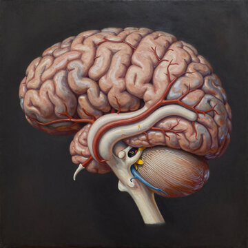 Oil Painting Brain Cerebellum. A Detailed, Intricate Illustration Of The Human Brain