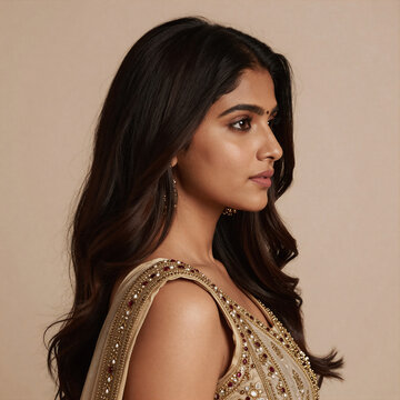 Children'S Book Indian Hair. Digital Portrait Of A Beautiful Brunette Indian Woman With Long, Shiny Hair Against A Beige Background