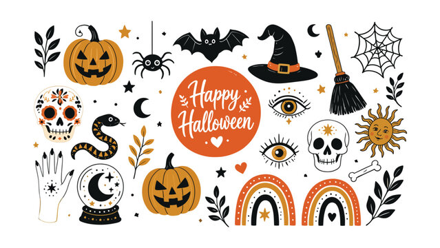 Whimsical Halloween elements including pumpkins bats skulls and celestial symbols in a fun graphic collection