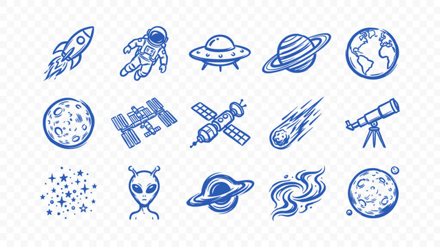 space astronaut galaxy and alien science doodle handmade ink scribble flat line art vector illustration icon bundle set calligraphy drawing design astronomy cosmic elements