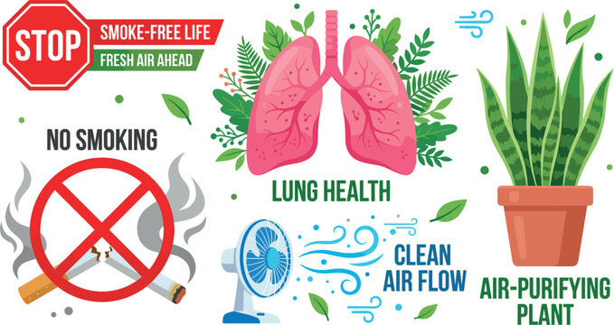 Lung Health and Anti Smoking Campaign Vector Set Featuring Human Lungs with Green Foliage No Smoking Prohibited Sign Desk Fan Air Flow and Potted Sansevieria Snake Plant