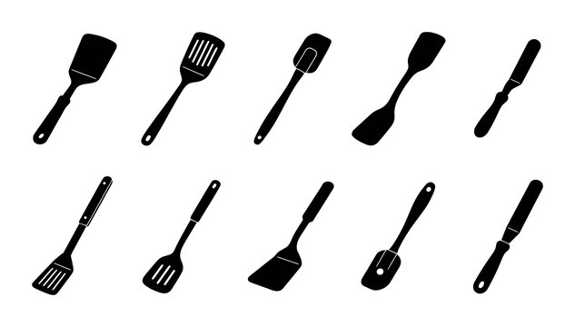 Kitchen Spatula Silhouette Icon Set Featuring Professional Cooking Tools and Baking Utensils for Culinary Design Projects