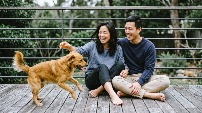 Joyful Family Moment: A happy couple shares a tender moment with their golden retriever on a wooden deck, surrounded by lush greenery, embodying the warmth of home and companionship.
