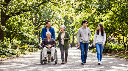 Obraz premium Multi-Generational Stroll in the Park: A family, spanning several generations, enjoys a leisurely walk in a sun-dappled park.