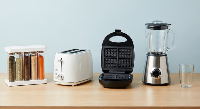 Modern Kitchen Appliances Set with Toaster, Blender, Waffle Maker, and Spice Rack on Wooden Countertop