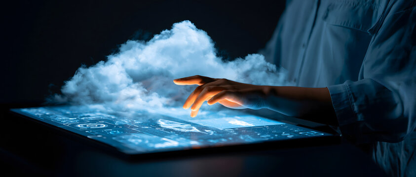 Hand Interacting with Cloud Computing Hologram on Futuristic Digital Interface
