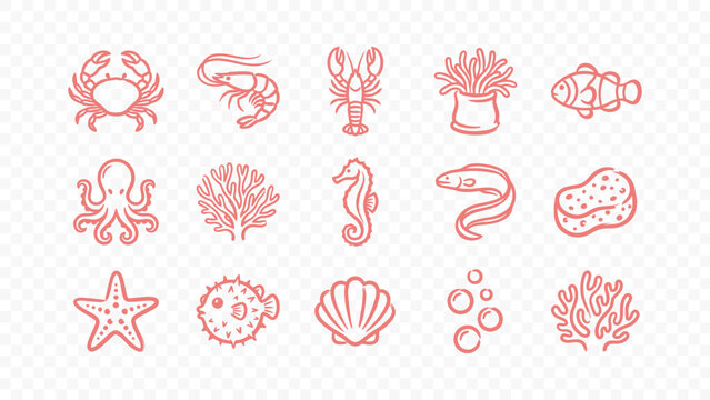 sea food marine life and ocean animals doodle handmade ink scribble flat line art vector illustration icon bundle set calligraphy drawing design aquatic nature elements