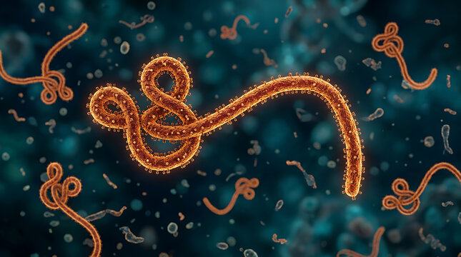 3D medical illustration of Ebola virus pathogens within a microscopic biological environment