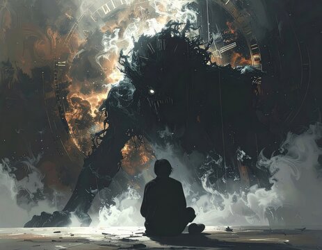 Person meditating facing time monster out of the shadows