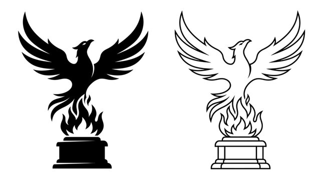 Phoenix Rising Silhouette With Flames Black And White Vector Illustration