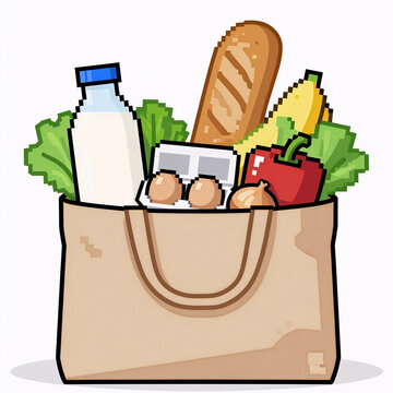 Pixel Art Pepper Bottle. An Eco-Friendly Grocery Bag Containing Milk, Eggs, Bread, Bananas, Lettuce, Bell Pepper, And Onions Isolated Against A White Background