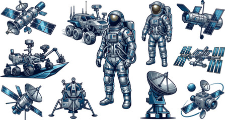 Space Exploration Vector Illustration Set Featuring Astronauts, Mars Rover, Satellites, Space Station, Moon Lander, and Satellite Dish for Galaxy Astronomy Designs © EdGe Creative