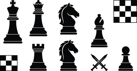 Chess Piece Icon Set Featuring Silhouette Symbols of King, Queen, Knight, Rook, Bishop, Pawn, and Checkerboard Patterns for Strategic Vector Graphic Designs © Yousuf