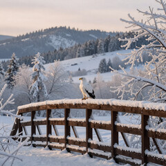 Fototapeta premium Surreal Bridge Covered. Snowy Bridge Scene In Winter'S Evening, Southern Oregon'S Eagle Point