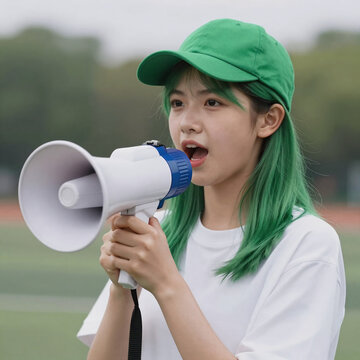 Dramatic Lighting Megaphone Face. A Teenage Girl In A Green Cap Converses While Holding A Megaphone