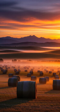 Hay bales in a farm field during a beautiful orange sunrise