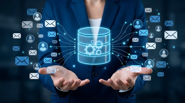 Database Email with Automated Mail Delivery from Server. Businessperson Holding Mail and Database Icons for Email Management System