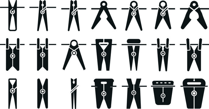 Clothespin icon vector set featuring black minimalist laundry pegs, clothes pins hanging on a washing line, household laundry service symbols, and utility line art elements.