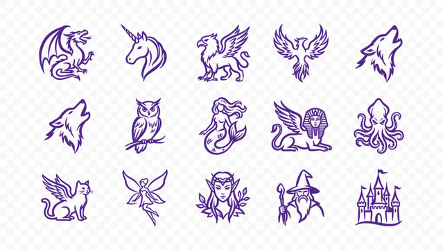 mythical creatures fantasy and legends doodle handmade ink scribble flat line art vector illustration icon bundle set calligraphy drawing design fairytale animals art