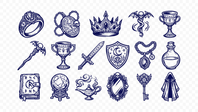 rpg treasures adventure and medieval game doodle handmade ink scribble flat line art vector illustration icon bundle set calligraphy drawing design quest knight elements