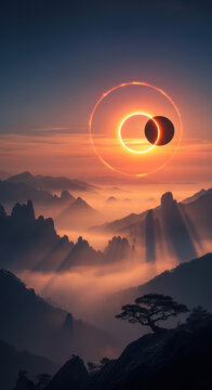 Solar eclipse over hazy mountains with a glowing orange sunset sky