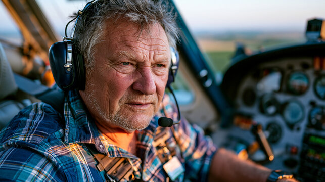 Crop duster pilot in cockpit banking low over flat Midwest wheat field during early morning pesticide application run, agricultural aviation, precision farming, aerial agronomy, harvest preparation,