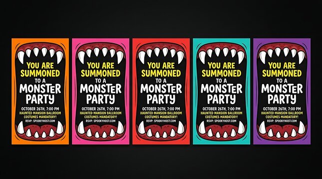 Monster party invitations, colorful summon cards, Halloween party invites, spooky event flyers