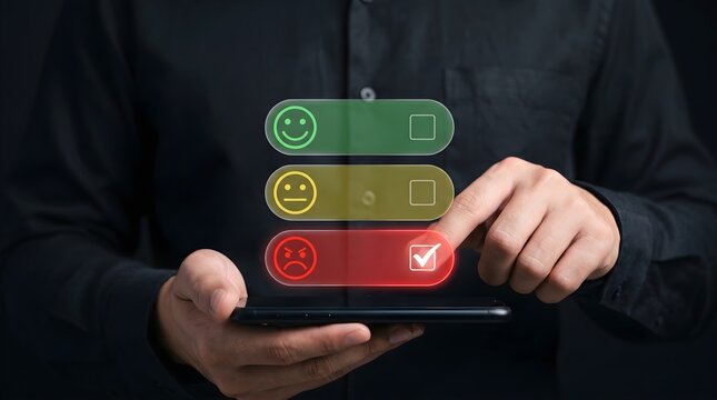 Person Giving Bad Feedback on Smartphone with Digital Rating Interface. Low Satisfaction and Negative Experience for Customer Service Complaint