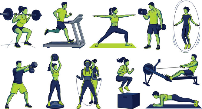 Fitness and Gym Workout People Vector Illustration Set Featuring Characters Lifting Weights, Running, Doing Yoga, and Jumping Rope for Active Lifestyle Designs