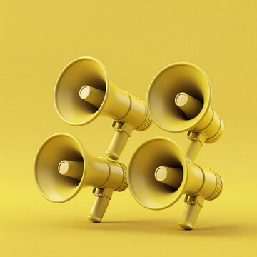 Abstract Megaphone Conceptual. Monochrome Yellow 3D Render Of Single Megaphone Loudspeakers On A Yellow Background, With Copy Space For Conceptual Illustration
