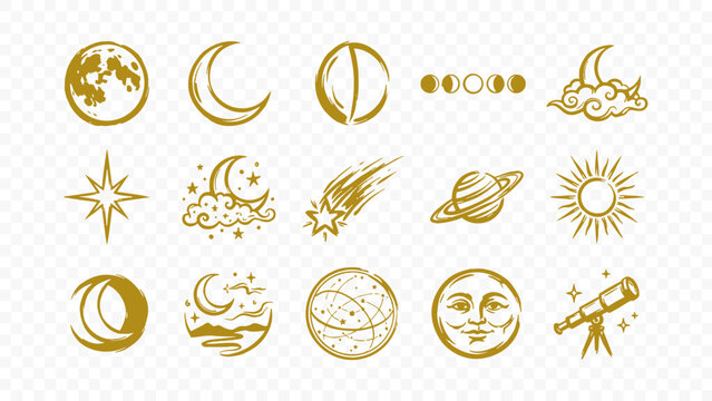 celestial moon phases and cosmic nature doodle handmade ink scribble flat line art vector illustration icon bundle set calligraphy drawing design night sky space art