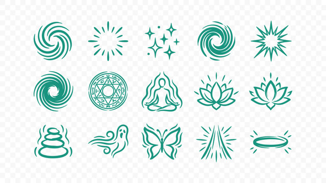 zen spiritual wellness and meditation doodle handmade ink scribble flat line art vector illustration icon bundle set calligraphy drawing design yoga peace health elements