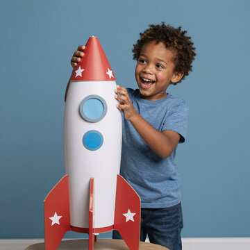 Surreal Astronaut Little. A Joyful Black Boy Plays Astronaut With Homemade Stars On A Blue Background, Showcasing Childhood Creativity And Imagination