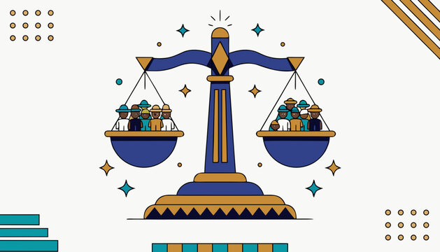 Bold vector illustration of a giant balanced scale of justice carrying diverse groups of people