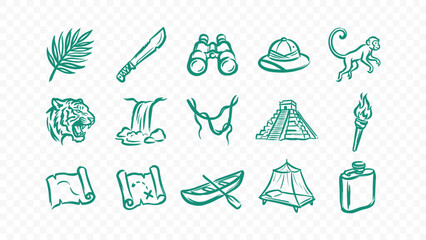 jungle safari nature and tropical travel doodle handmade ink scribble flat line art vector illustration icon bundle set calligraphy drawing design wildlife adventure art © HASNA