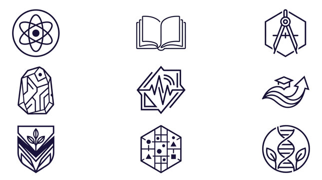 Set of sleek geometric vector icons embodying knowledge, innovation, and scientific discovery for modern academic applications