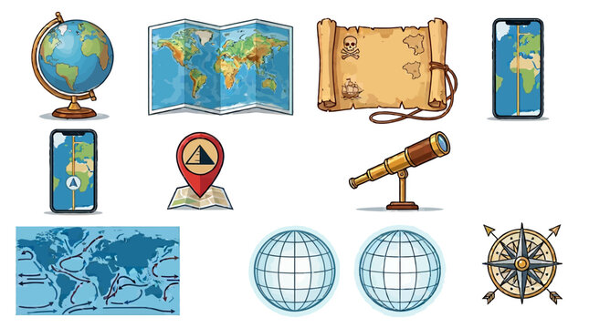 Set of Detailed Geographic Icons Featuring World Maps Globes Navigation Tools and Compasses
