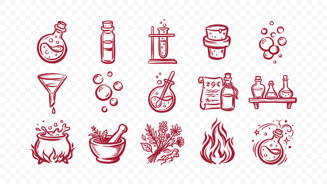 potions science and alchemy mystery doodle handmade ink scribble flat line art vector illustration icon bundle set calligraphy drawing design chemistry laboratory elements