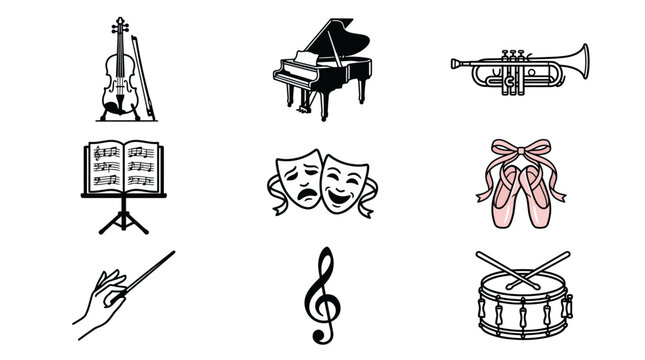 Collection of classical music and theatrical art illustrations for creative design projects