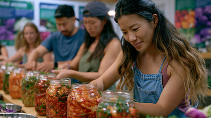 Fototapeta premium Gut health cooking class in a wellness studio where participants are assembling kimchi jars under a certified nutritionist's guidance, fermentation crocks lined up on a long communal prep table, inf