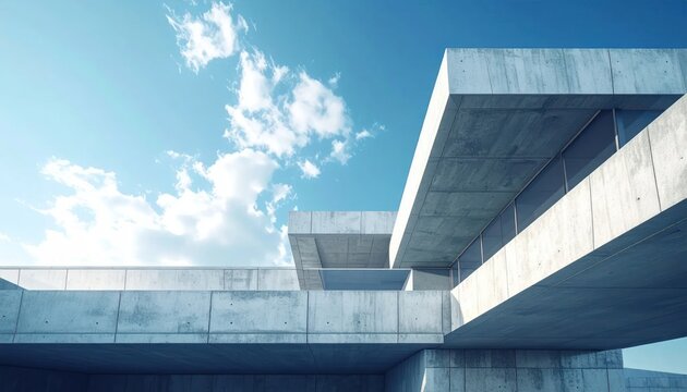 Modern concrete building with geometric lines against a bright blue sky with clouds, showcasing minimalist architecture.