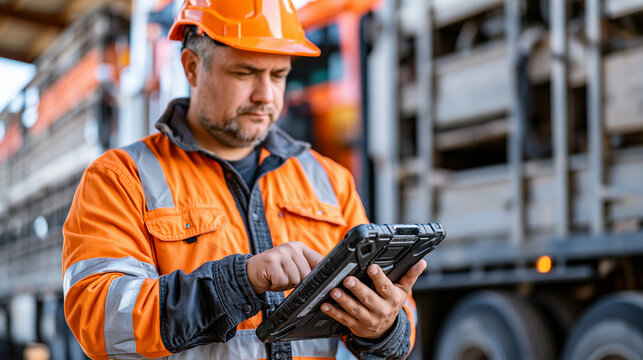 livestock transport coordinator reviewing animal welfare data logs on a ruggedized tablet beside a resting livestock carrier at a rural weighbridge facility, compliance audit in an authentic agricul